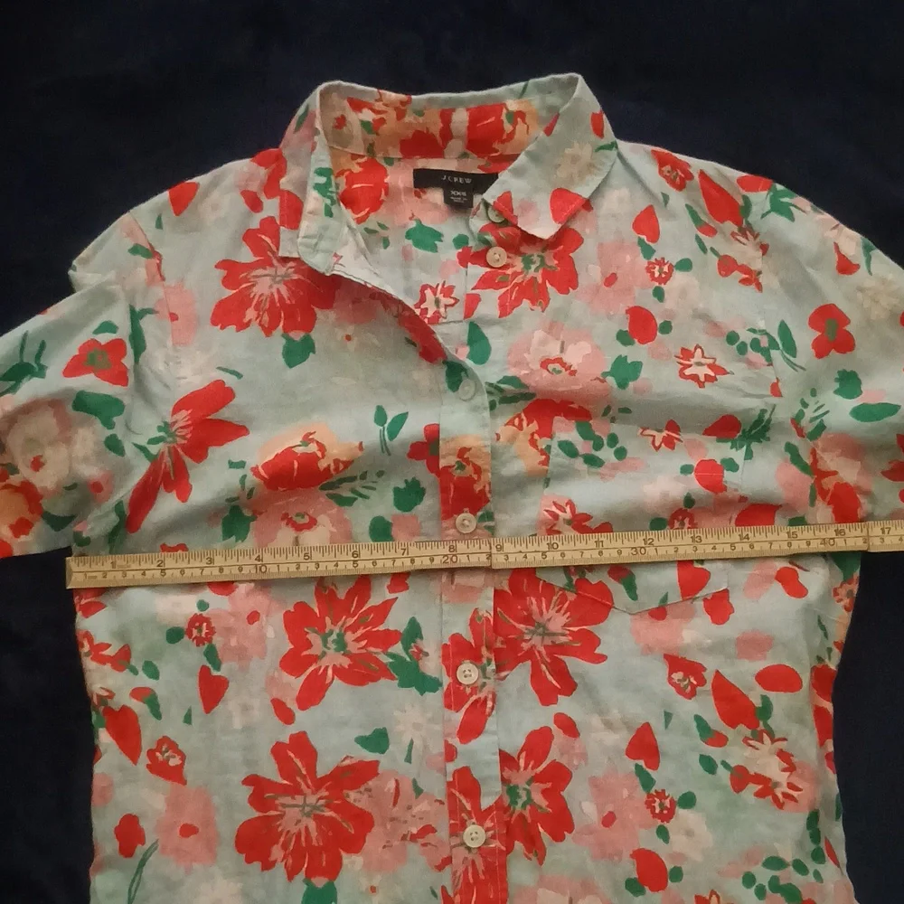J. Crew Linen & Cotton Button-up Shirt - Sky Blue Blouse w/Floral Print - Sz XXS